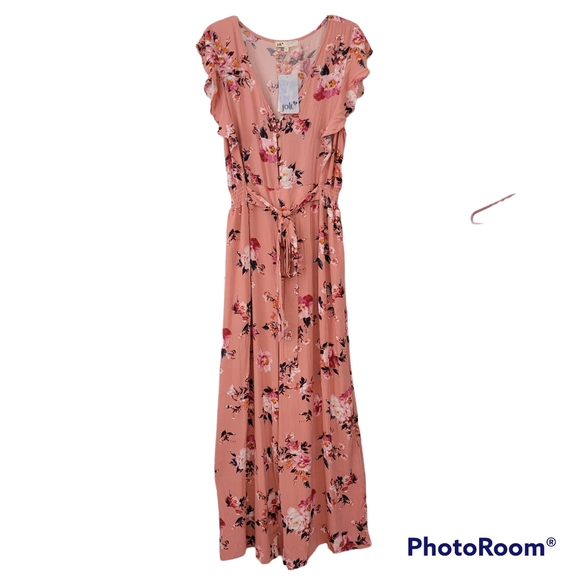 Jolt Peach Button Front Tie Waist Flutter Sleeve Jumpsuit - Picture 2 of 7